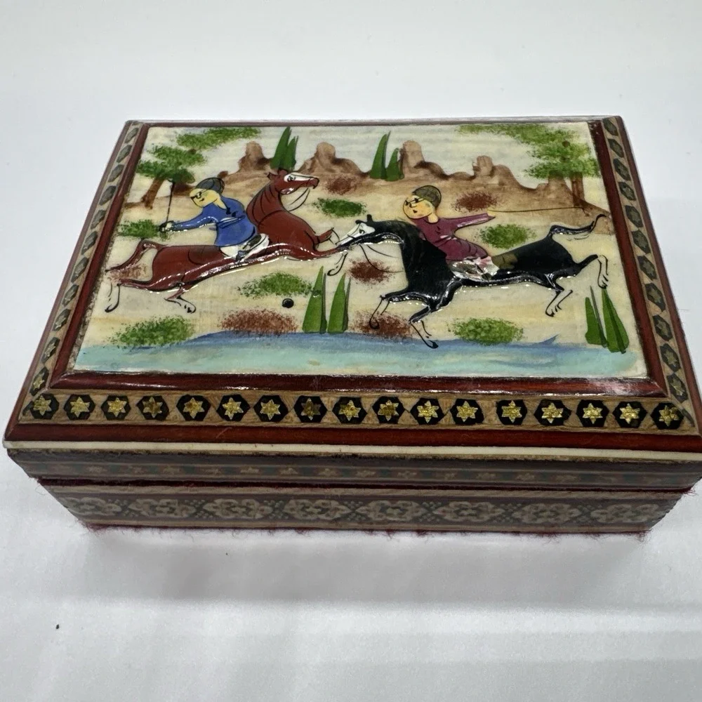 Persian Khatam Wood Trinket Box Hand Made Inlaid With Hunting Scenes On Lid